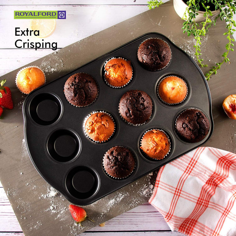 Royalford Crusty Bake Baking Tray/Mince Pie Tin, 12 Holes, Silver, 12 Cup Muffin Pan, Non-Stick Baking Tray, Cupcake Baking Tin - 12 piece