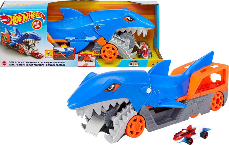 Hot Wheels Shark Chomp Transporter Playset with One 1:64 Scale Car for Kids 4 to 8 Years Old - Shark Chomp