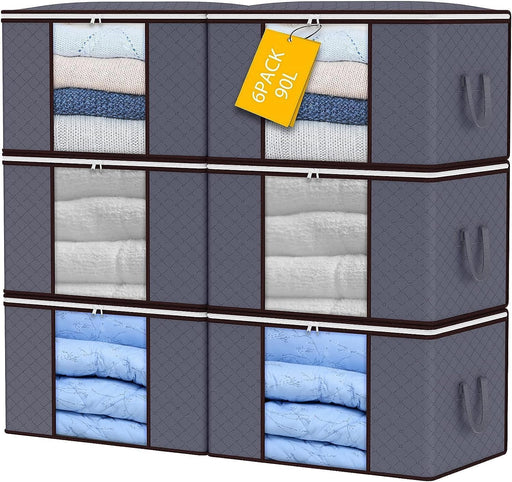 SKY-TOUCH 3 Pcs Large Capacity Sized Bags, Clothes Storage Bag Organizers, Foldable, Durable and Space Saver with See-Through Window and Carry Handles 90L - Large 6pcs