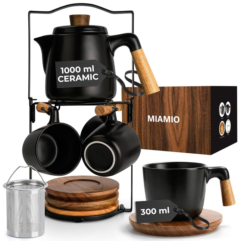 MIAMIO â€“ 1000 ml Ceramic Tea Pot Set with Infuser/Tea Strainer, 4 Ceramic Tea Mugs (300 ml), Bamboo Saucers/Handle and Rack for Home and Office (Black)