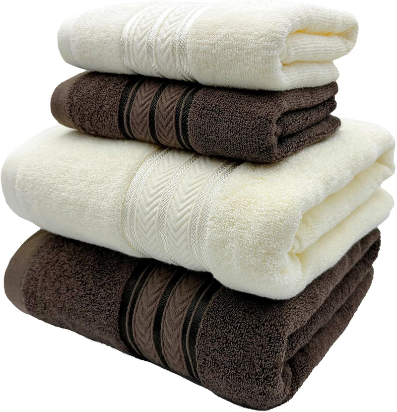 4 Pcs Pure Cotton Bath Towels Set70x140cm 2pcs 35x75cm 2pcs Soft AbsorbentQuick Drying Hotel Bathroom Travel Family SPA Dormitory and Home use Towels (Beige+Brown)