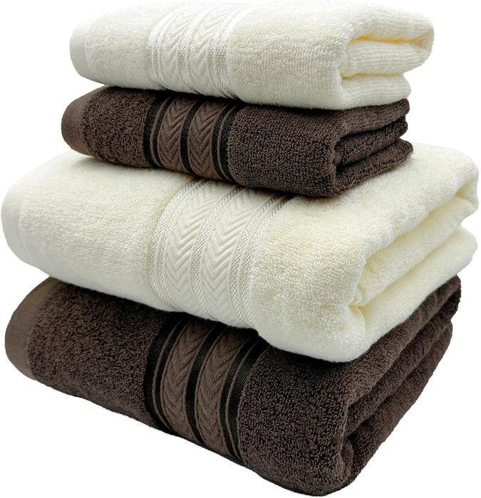 4 Pcs Pure Cotton Bath Towels Set70x140cm 2pcs 35x75cm 2pcs Soft AbsorbentQuick Drying Hotel Bathroom Travel Family SPA Dormitory and Home use Towels (Beige+Brown)