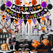 Happy Halloween Banner Party Decorations, Triangle Flag Bunting, Hanging Garland, Honeycomb Ball, Swirl Streamers & Confetti Dots for Halloween Party Decorations