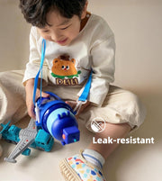 Kids Water Bottle with Straw 450ml - 316 Medical Grade Stainless Steel Vacuum Insulated Flask - 3D Cute Robot Design Leakproof School Cup with Strap (Blue Robot) - Blue Robot