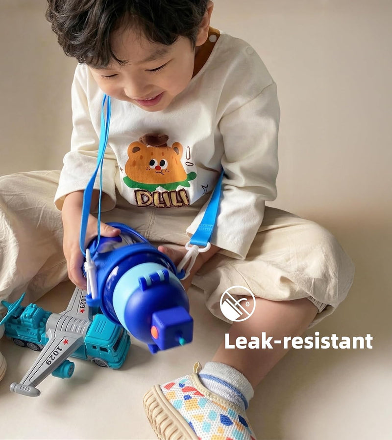 Kids Water Bottle with Straw 450ml - 316 Medical Grade Stainless Steel Vacuum Insulated Flask - 3D Cute Robot Design Leakproof School Cup with Strap (Blue Robot) - Blue Robot