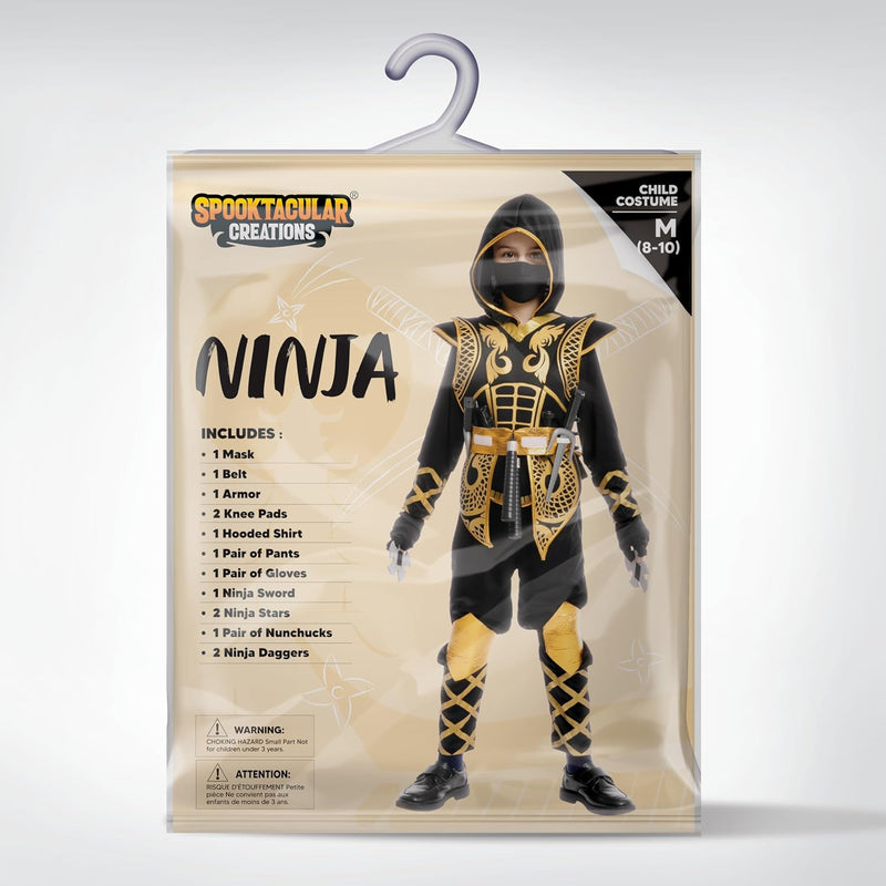 Spooktacular Creations Golden Ninja Costume Set, Ninja Jumpsuit with Foam Accessories for Kids, Halloween Cosplay Party