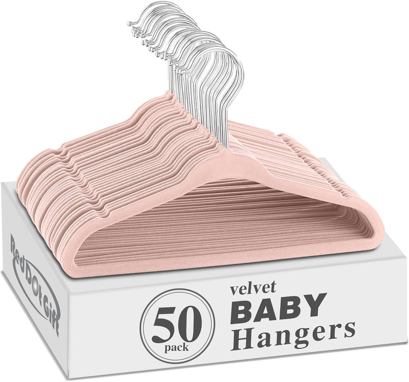 Red Dot Gift® 50 Pack Baby Velvet Hangers 11Inch/28cm - Nursery Clothes Hangers Non Slip Toddler Hangers, 360 Chrome Swivel Hook (White, 50)