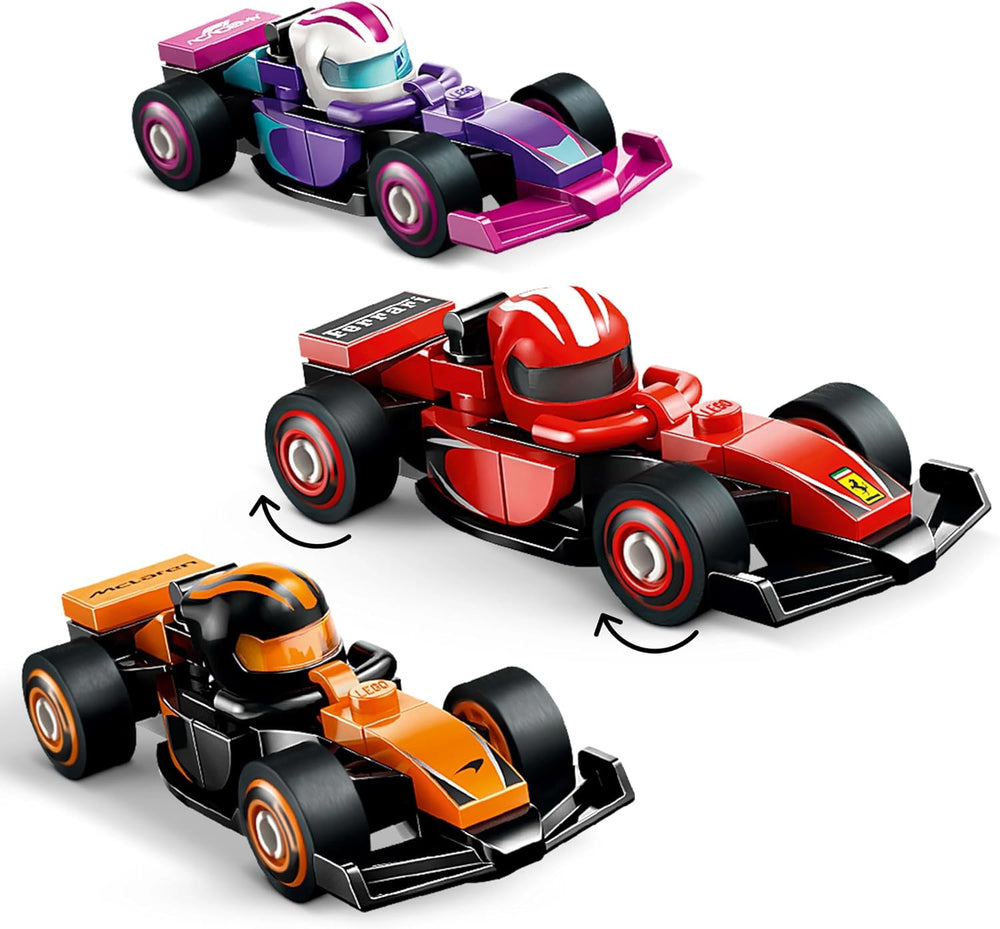 Minifigures F1 Collectible Race Cars Toys - Get 1 of 12 Mini Car Models with Drivers Helmets & Moving Wheels - Formula 1 Teams incl. Ferrari, Mercedes, McLaren, Red Bull - Mystery Box - 71049
