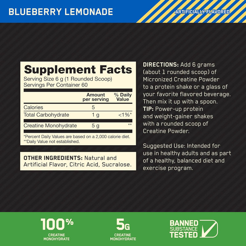 Optimum Nutrition Creatine Powder Pure Creatine Monohydrate for Muscle Strength, Energy & Endurance Blueberry Lemonade Flavor 360g 60 Servings - Blueberry Lemonade 5g Creatine 60 Servings 360g
