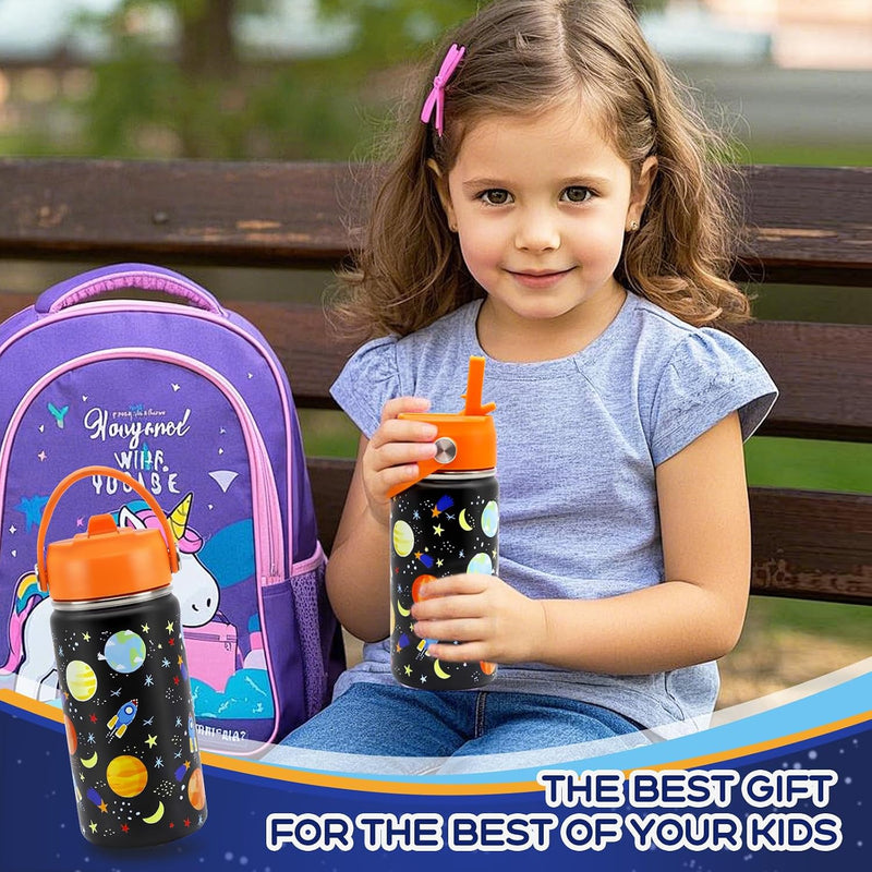 Kids Water Bottle 350ml Stainless Steel Hydro Flask Wall Insulated Thermos Bottle with Straw Lid BPA Free Cup Hot Cold Sports Toddler School Boys Girls 12oz (SPORTS, 350ML)
