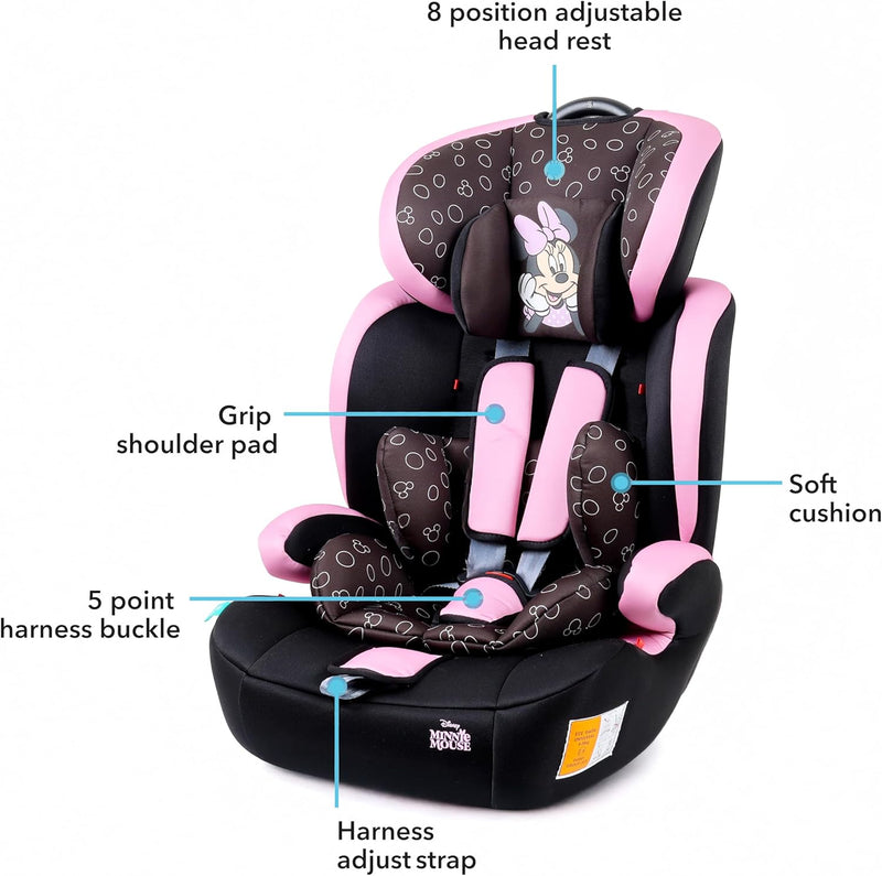 Disney Minnie Mouse Baby/Kids 3-in-1 Car Seat + Booster Seat - Adjustable Backrest - Extra Protection - Suitable from 9 months to 12 years (Group 1/2/3), Upto 36kg (Official Disney Product)