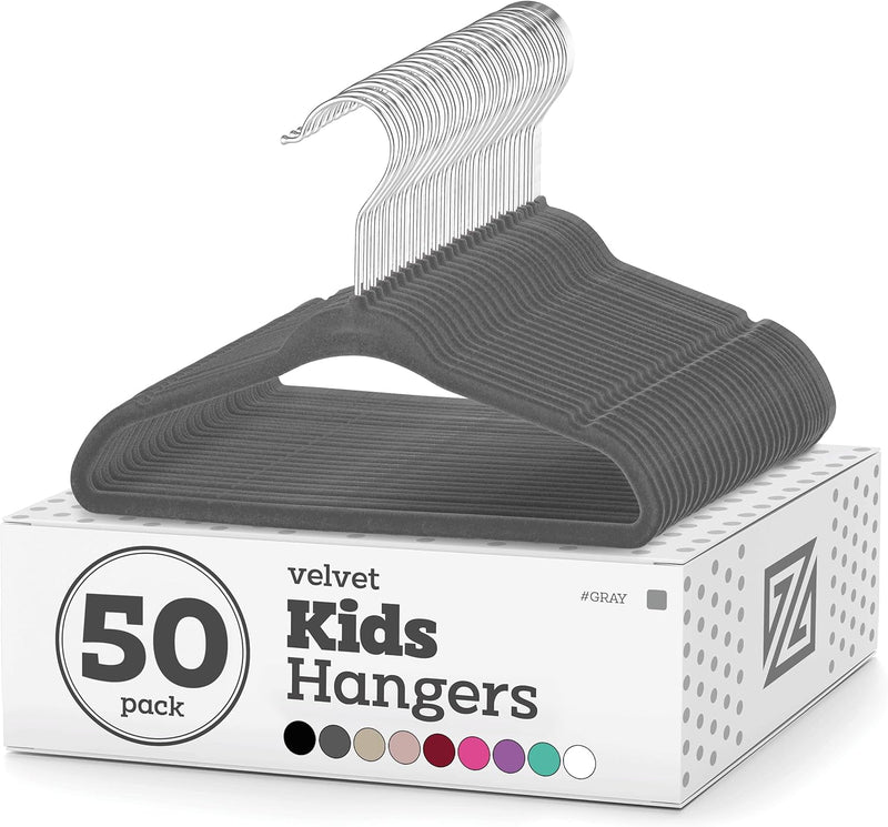Zober Premium Quality Space Saving Kids Velvet Hangers Strong and Durable 360 Degree Chrome Swivel Hook Ultra Thin Non Slip Junior Hangers,-50 Pack Off-white ZO-VJ303…