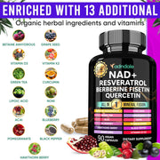 NAD Supplement 300mg & Resveratrol 1000mg Organic. Proprietary Longevity Formula with Liposomal NAD+, Trans Resveratrol, Quercetin, Betaine Anhydrous, Grape Seed, Fisetin. 90 Capsules, 9555mg/Serv.