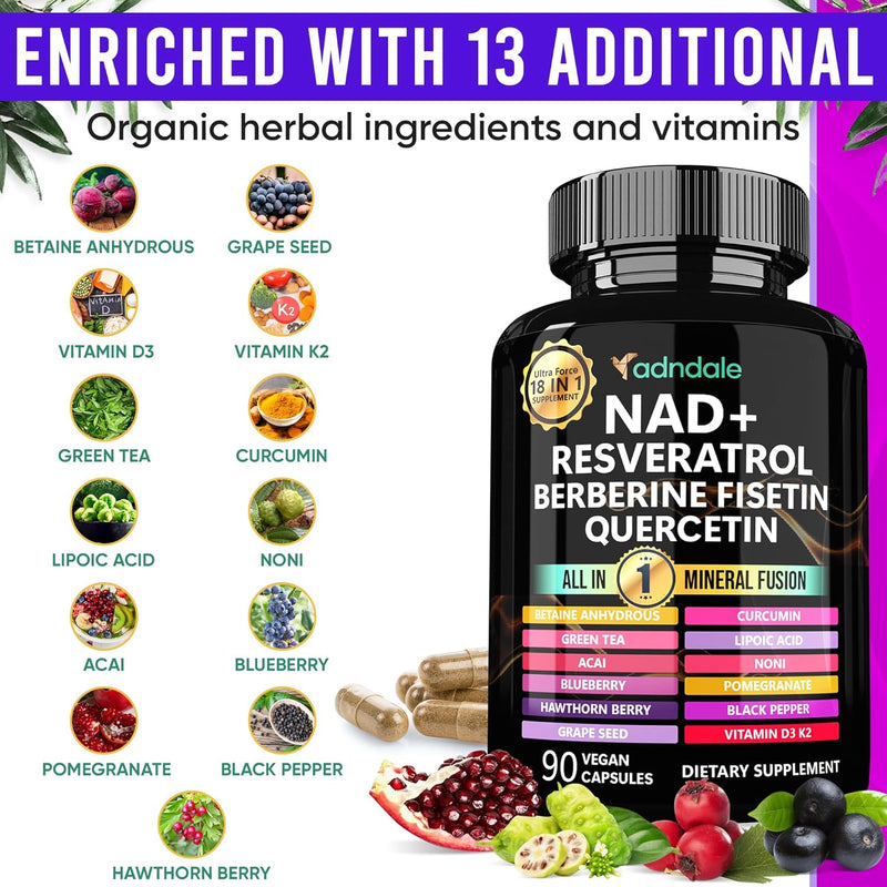 NAD Supplement 300mg & Resveratrol 1000mg Organic. Proprietary Longevity Formula with Liposomal NAD+, Trans Resveratrol, Quercetin, Betaine Anhydrous, Grape Seed, Fisetin. 90 Capsules, 9555mg/Serv.