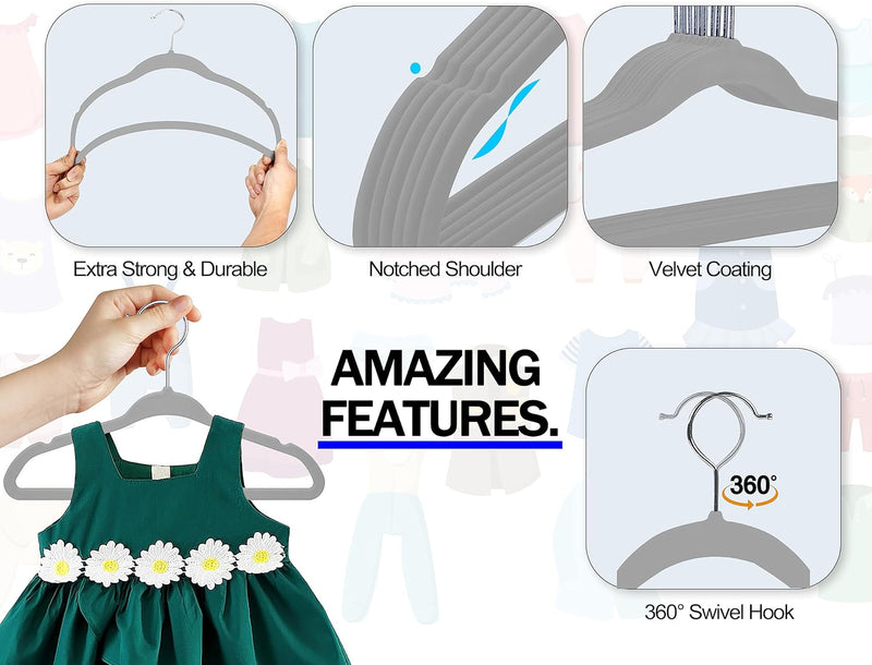 GVTECH Kids Hangers Velvet, [50 Pack] Children Cloth Durable Baby Hangers for Closet - Perfect Infant Toddler Kid Hanger for Everyday Use, Non Slip 360° Hooks for Shirt, Pant (50 Pack, Grey)