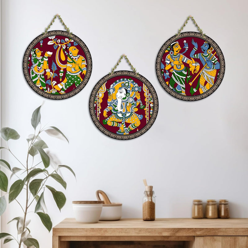 Artvibes Rajasthani Culture Wooden Wall Hanger for Home | Office | Living Room | Gift | Modern Decoration Items | Kitchen Wall Decor | Home Decor Hanging Items (WH_5012N), Set of 3