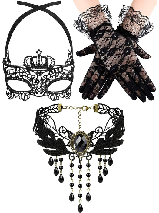 Excefore Masquerade Costume Set - Venetian Mask, Black Choker Lace Necklace, and Pattern Gloves for Women