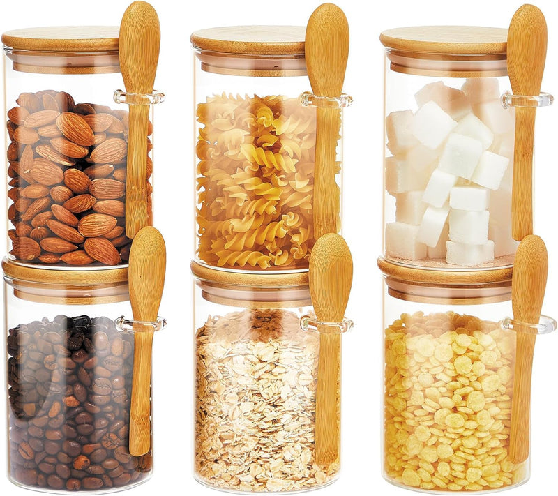 SKY-TOUCH 3Pcs Glass Jars with Bamboo Lids & Spoons : 550ml Airtight Glass Spice Jars Clear Sugar Container Food Storage Containers for Coffee Beans Spice Sugar Tea Nuts Candy Salts - 6PCS
