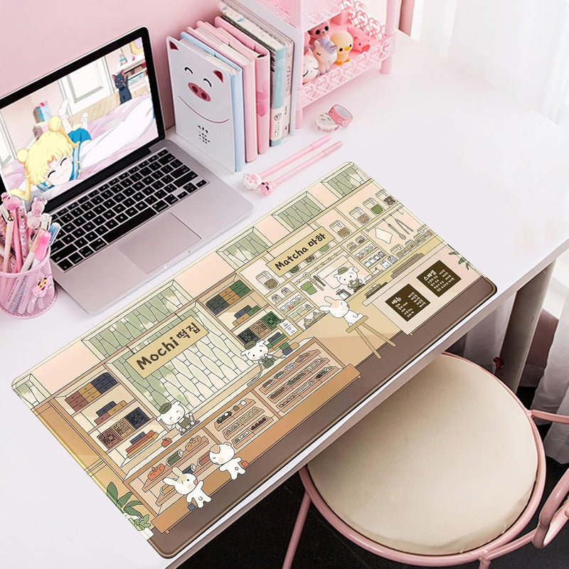 Adorable Kawaii Large Desk Mat Beige Anime Mouse Pad: XXL Extended Gaming Mousepad with Non-Slip Rubber Base, Cute Desk Accessory for Computer and Laptop, Ideal for Gaming and Office 31.5'' x 15.7''
