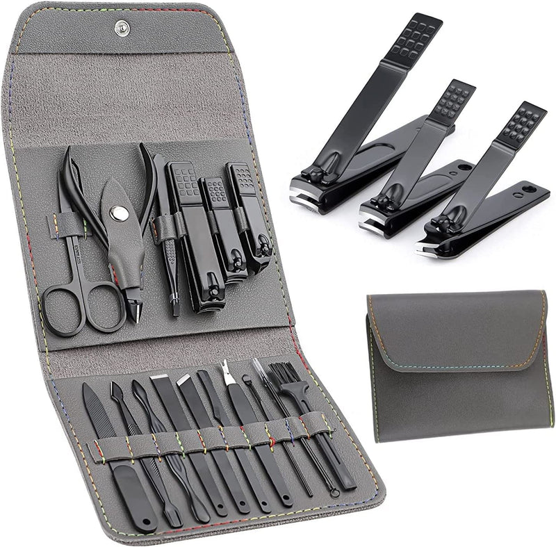 ORiTi Manicure Set with PU Leather Case, Pedicure Kit, Nail Clippers Scissors, Personal Care Tool 16 in 1 Grooming Kit Gifts for Men Women (Grey/Black)