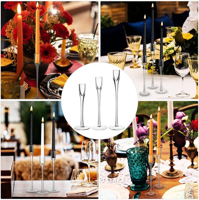 KASTWAVE Elegant Clear Glass Candle Holders Set of 3, Tall Taper Holders for Weddings, Parties, and Festive Table Centerpieces