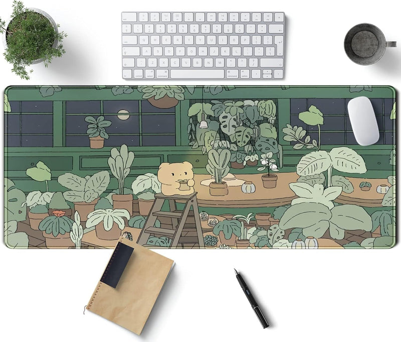 NALACAL Cute Desk Mat Kawaii Bear XL Large Gaming Mouse Pads Desk Mats Pads on top of Desks Mousepad Cute Anime Plant Desk Protector 31.5x11.8 in Aesthetic Brown and Green Forest Keyboard Pad
