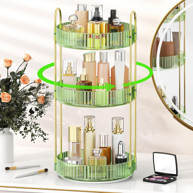 MOKANI 360 Rotating Makeup Organizer for Vanity, 3 Tier Adjustable Perfume Organizer for Dresser, Multi-Function Spinning Cosmetics Skincare Storage for Bedroom, Dresser, Countertop, Clear