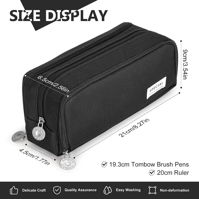 Large Capacity Pencil Case 3 Compartment Pouch, Pen Bag for School Teen Girl Boy Men Women (Black)