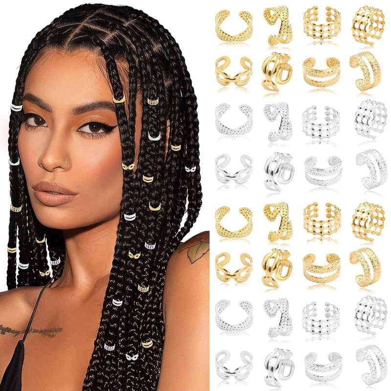 tewiaii 32 Pcs Hair Jewelry for Braids Gold&Silver Hair Cuffs Adjustable Braid Jewelry Non-Piercing Ear Clips Multi Style Loc Dreadlock Accessories for Women and Girls (Style3(32Pcs))