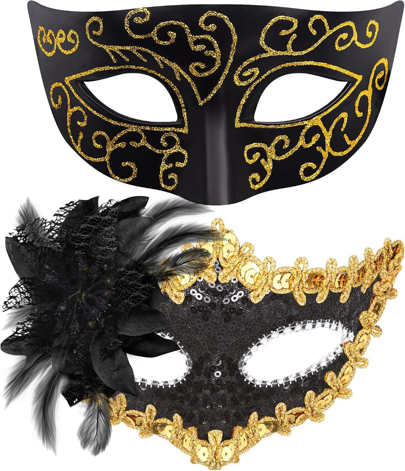 Couple Masquerade Masks Set Venetian Party Mask Costume Mask - Black & Gold Round