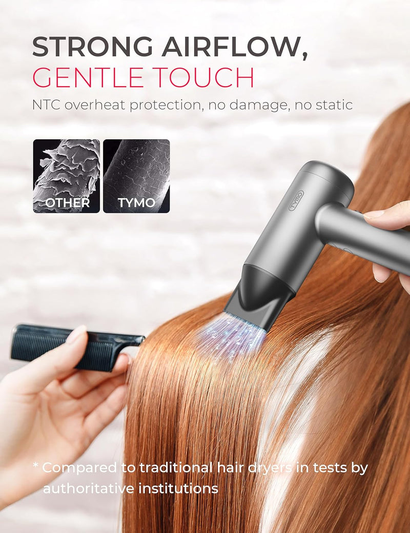 TYMO Hair Dryer Ionic - Blow Dryer with 100 Million Negative Ions and 23m/s Strong Wind Power, Super Light at Only 380g, 110,000 RPM Brushless Motor, 12 Mode Combinations, Home & Travel, AIRHYPE LITE