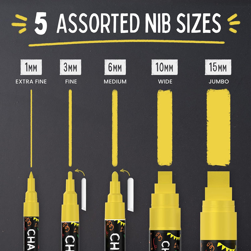 Chalkola 5 White Chalk Markers for Chalkboard Signs, Blackboard, Car Window, Bistro, Glass | 5 Variety Pack - Thin, Fine Tip, Bold & Jumbo Size Erasable Liquid Chalk Pens (1mm, 3mm, 6mm, 10mm, 15mm)