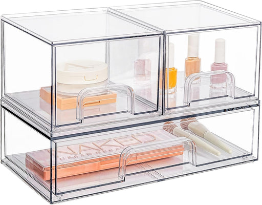 4 Pack Small Clear Stackable Storage Drawers,Acrylic Bathroom Makeup Organizer,Plastic Storage Bins For Vanity, Undersink, Kitchen Cabinets, Pantry, Home Organization - 3pack-4.4"H