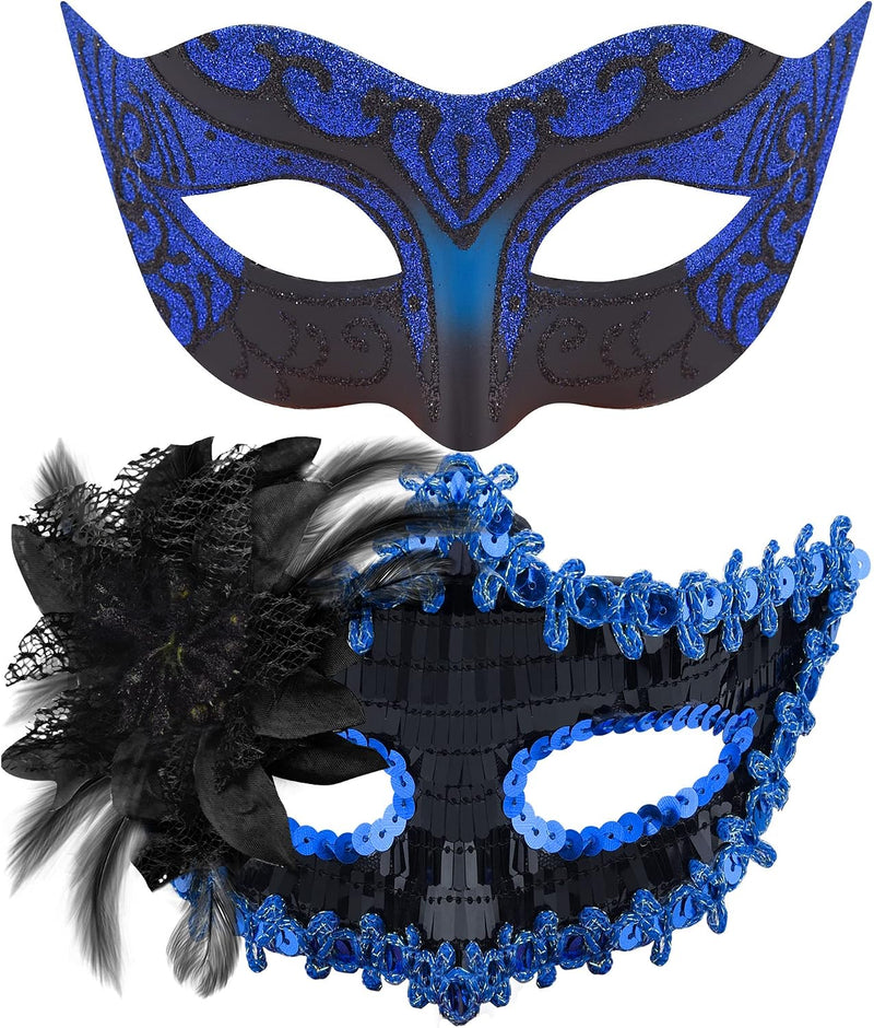 Couple Masquerade Masks Set Venetian Party Mask Costume Mask - Black & Blue