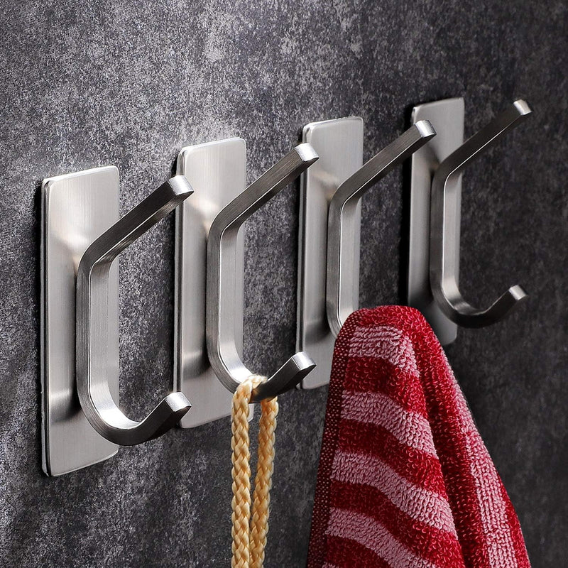 McMola Adhesive Hooks, Self Adhesive Hooks,Waterproof Self Adhesive Hook Heavy Duty Wall Hooks for Home Kitchen Bathroom Hanging Coat Cloth Towel Key Decorations(12 Pack) - 4Pack Silver Sticky Hooks