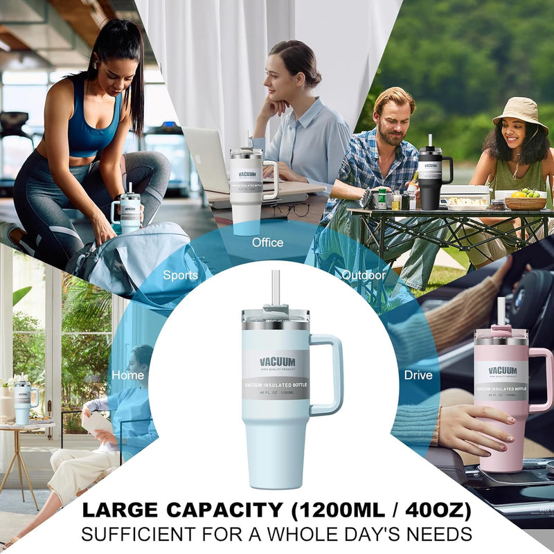 YHKEMA 40oz Stainless Steel Tumbler with Handle & Straw - Double Walled Insulated Travel Mug, Tritan Lid Coffee Cup for Hot/Iced Drinks, Office Gym Water Bottle (1200ml) (Light Blue)