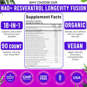 NAD Supplement 300mg & Resveratrol 1000mg Organic. Proprietary Longevity Formula with Liposomal NAD+, Trans Resveratrol, Quercetin, Betaine Anhydrous, Grape Seed, Fisetin. 90 Capsules, 9555mg/Serv.