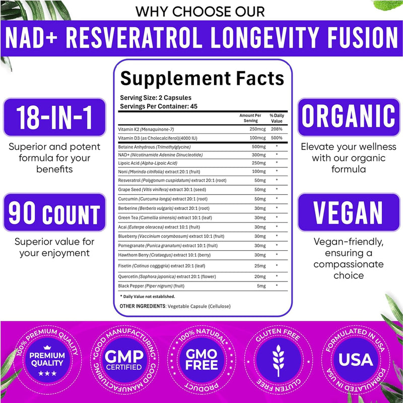 NAD Supplement 300mg & Resveratrol 1000mg Organic. Proprietary Longevity Formula with Liposomal NAD+, Trans Resveratrol, Quercetin, Betaine Anhydrous, Grape Seed, Fisetin. 90 Capsules, 9555mg/Serv.