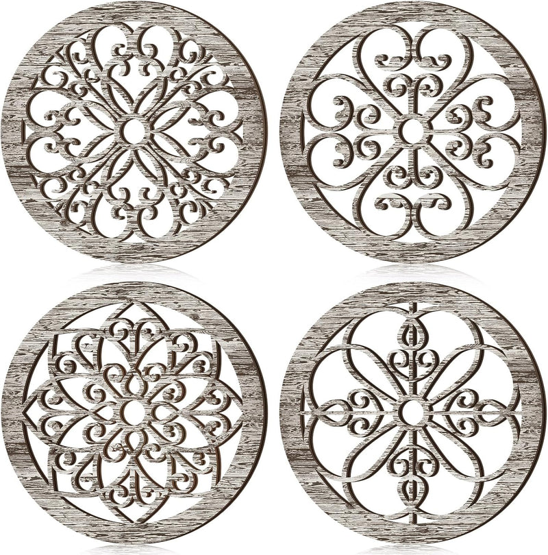 Yulejo 4 Pcs Thicken Rustic Wall Decor Farmhouse Wall Art Wooden Hollow Carved Design Decor Rustic Round Wall Art for Living Room Bedroom Hallway Decor Kitchen Wall (Black, Brown,9.8 x 9.8 Inch)
