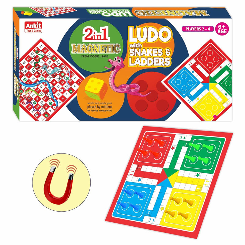 Ankit Toys & Games 2in1 Magnetic Ludo and Snakes & Ladders 12" Board Game Set - Portable, and for Kids and Family Entertainment - Ages 6+ Classic Fun with a Modern Twist (Magnetic Ludo Medium)