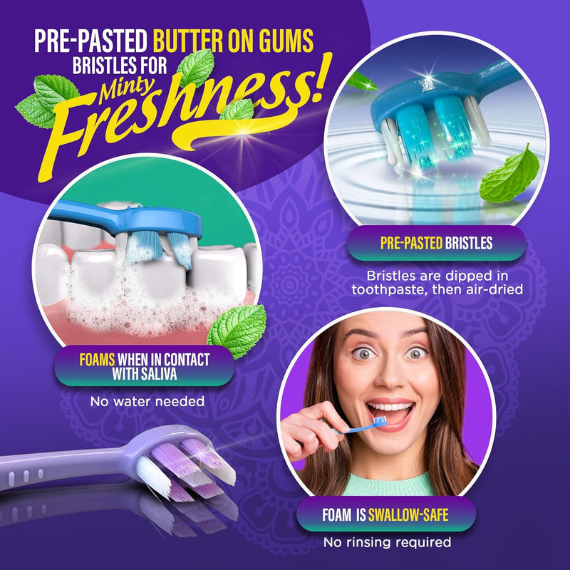 GuruNanda 6-in-1 Disposable Toothbrush, Ready to Use Pre-Glued Butter on Gum, Softex Brushes, Flossing and Toothpicks, Tongue and Cheek Cleaner, Wrapped