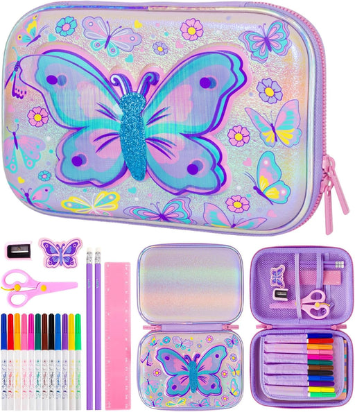 Unicorn Pencil Case Stationery Set for Kids, 3D EVA Big Capacity Cute Cartoon Pencil Pen Case Bag with Zipper Office School Storage Bag Pouch Holder Box Organizer - Butterfly