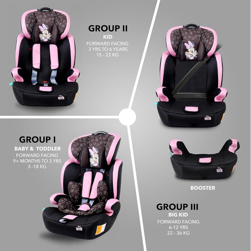 Disney Minnie Mouse Baby/Kids 3-in-1 Car Seat + Booster Seat - Adjustable Backrest - Extra Protection - Suitable from 9 months to 12 years (Group 1/2/3), Upto 36kg (Official Disney Product)