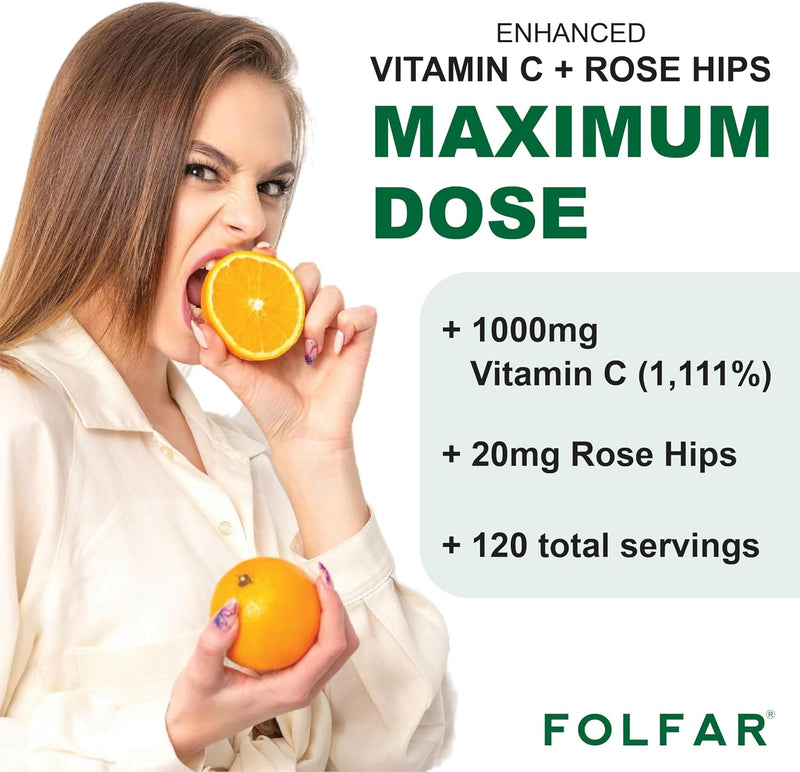 Vitamin C - 1000mg (120 Tablets) With Rose Hips Antioxidant Protection, Boost Immune System & Supports Healthy Skin 120 DaysSupply Ascorbic Acid Supplement Non- GMO, Gluten Free