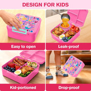 Bento Lunch Box, LunchBox 4 Compartments, Leak-Proof Lunch Container, PFAS&BPA-Free Microwave Safe, BLYPHOO Bento Box with Soup Bowl(Pink)