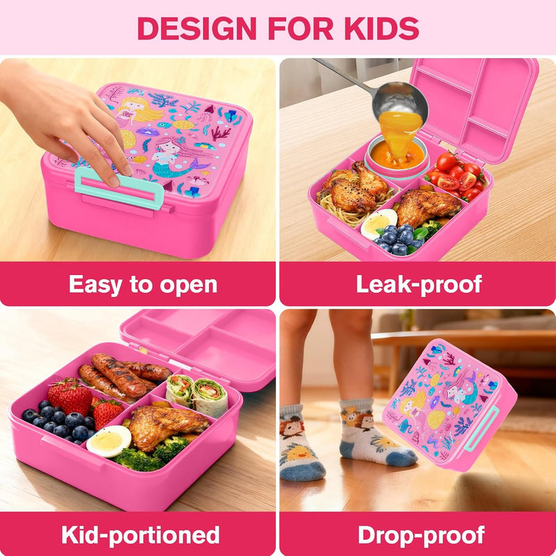 Bento Lunch Box, LunchBox 4 Compartments, Leak-Proof Lunch Container, PFAS&BPA-Free Microwave Safe, BLYPHOO Bento Box with Soup Bowl(Pink)