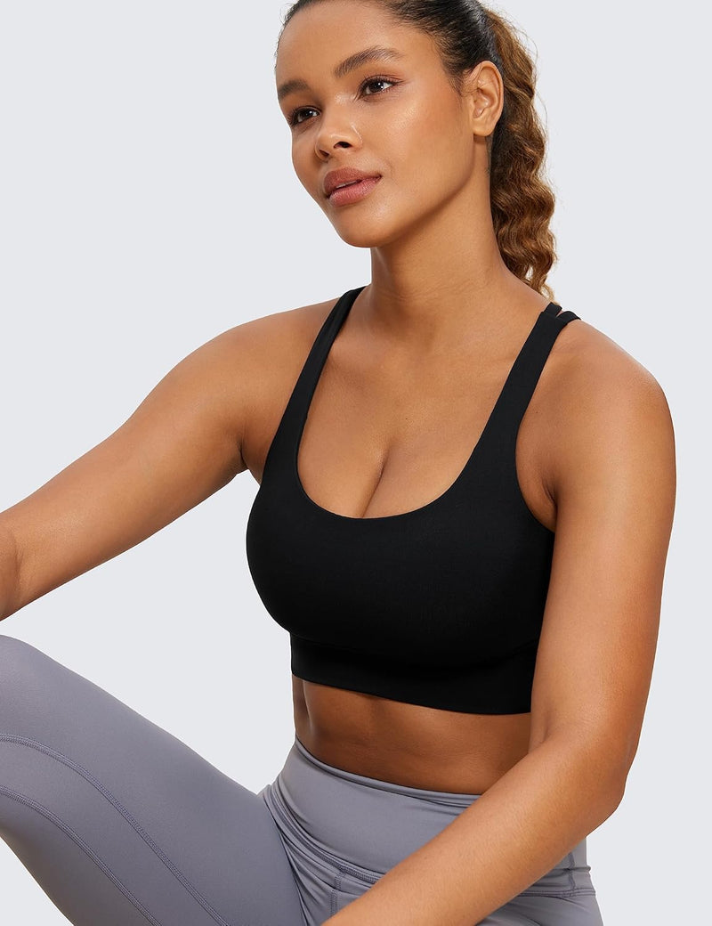 CRZ YOGA Womens Strappy Longline Sports Bra - Medium Impact Criss Cross Yoga Padded Bras Workout Crop Top