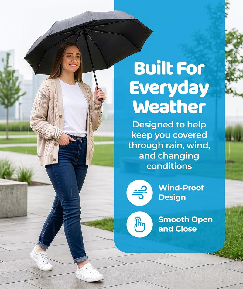 Compact Travel Umbrella - Pocket Portable Folding Windproof Mini Umbrella - Auto Open and Close Button and 9 Rib Reinforced Canopy - Black