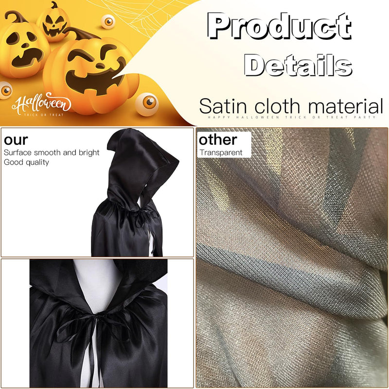 Halloween Costumes Halloween Cloak Cape Grim Reaper Costumes, Black satin Hooded Cape for Men Women