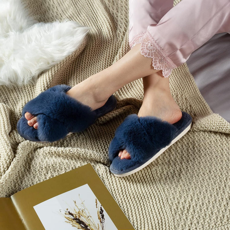 Women's Cross Band Slippers Soft Plush Furry Cozy Open Toe House Shoes Indoor Outdoor Faux Rabbit Fur Warm Comfy Slip On Breathable